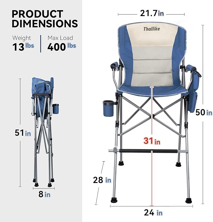 Foldable Directors Makeup Salon High Chair - Portable Camping Bar Height Folding Photoshoot Chairs with Stroage Bag Cup Holder Non-Slip Footrest, Supports 400 lbs Blue Tall Director Chair