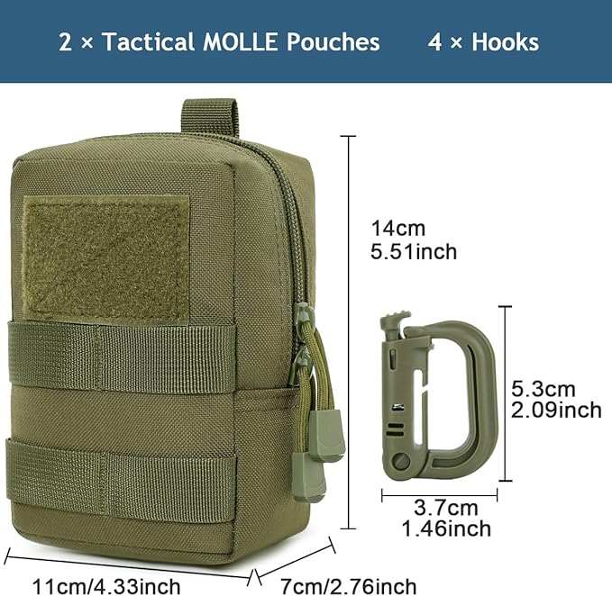 MUCHER 2 Pack Molle Pouches Tactical Pouches EDC Pouch Organizer Molle Bag Utility Pouch with 4 Carabiners for Outdoor Hiking Hunting Camping Training