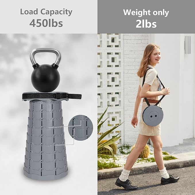 Portable Telescoping Collapsible Stool – Adjustable Height Folding Seat (Up to 450 lbs), Lightweight Camping Stool & Travel Seat for Fishing, Hiking, BBQ, Indoor & Outdoor(Light Gray)