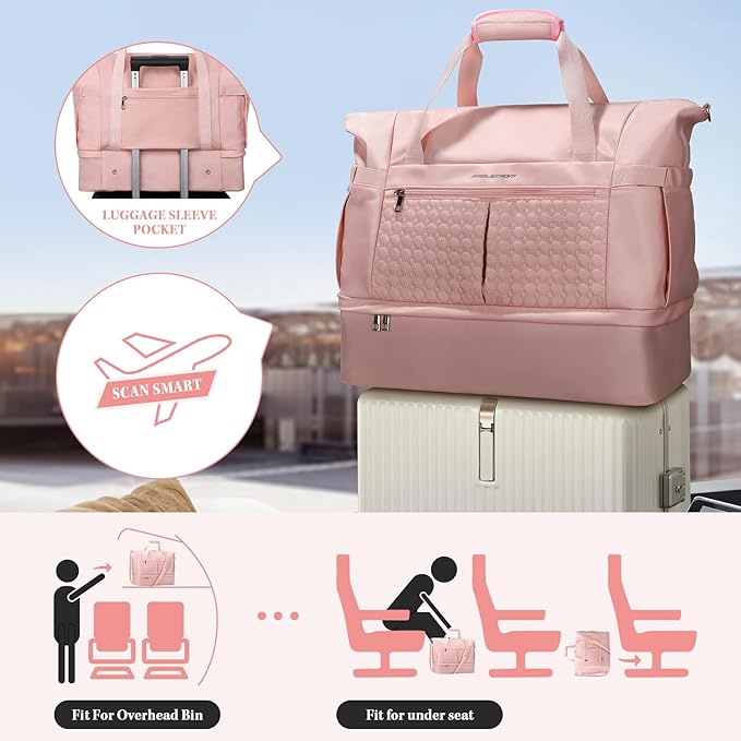 Maelstrom Gym Bag for Women,40L Travel Duffel Bag with Shoes Compartment and Wet Pocket,Waterproof Carry On Weekender Bag,Sport Gym Tote Bags Swimming Yoga, Hospital Holdalls-Pink