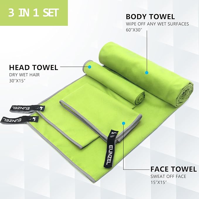Eunzel Quick Dry Camping Towel, Microfiber Travel Towel 3 Size at 1 Pack,Fast Drying Towel Set for Camping, Beach, Gym, Sports, Yoga & Swimming Pool, Olive