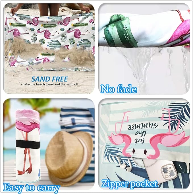 Beach Towel Oversized,Thin Microfiber Beach Towel ,Super Absorbent Quick Dry Sand Free Cute Flamingo Cool Swim Beach Towels for Kids,Men,Women,Boys,Girls with Zipper Pocket Travel Bag (flamingos)
