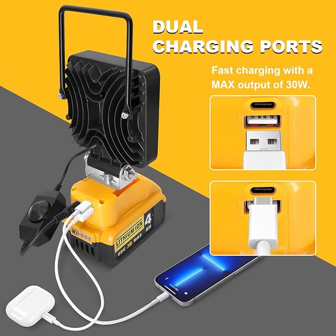 Portable LED Work Light for Dewalt 20v Battery,Dewalt Battery Light with Power Functionality and Rotating Stand,Rechargeable Flood Light,48W 4800LM Flashlight for Garage & Jobsite Lighting