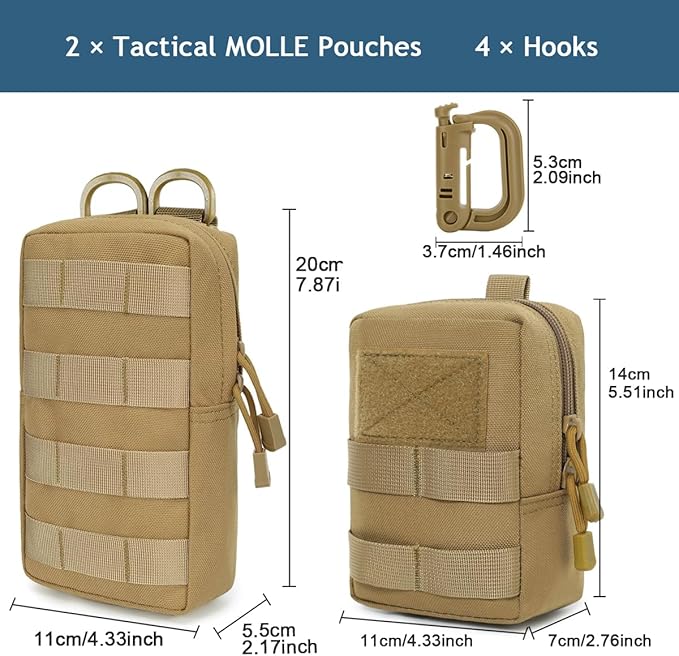 MUCHER 2 Pack Molle Pouches Tactical Pouches EDC Pouch Organizer Molle Bag Utility Pouch with 4 Carabiners for Outdoor Hiking Hunting Camping Training