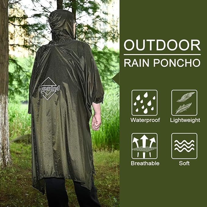 onewind Hooded Rain Poncho, Silnylon Camping Rain Coat Versatile Survival Shelter Lightweight Poncho for Hiking, Backpacking