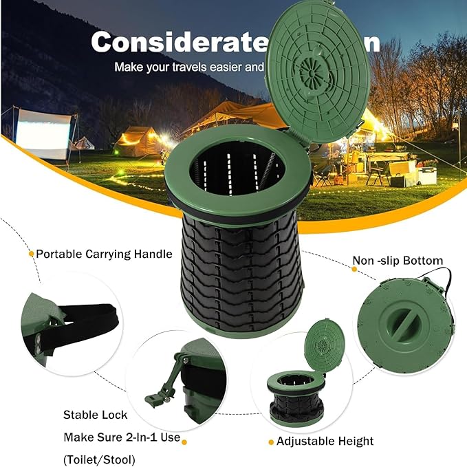ALEVMOOM 19.7" XXL Portable Toilet for Camping 3-in-1 Travel Stool with Lid Adjustable Waterproof Foldable Collapsible 880Lbs Load Capacity for Traffic Jam/Fishing/Hunting/Hiking/Boating