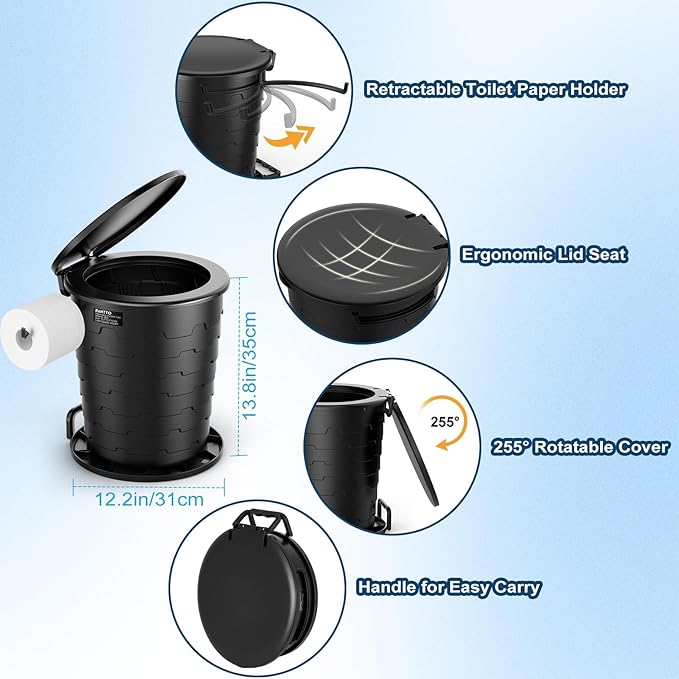 Portable Toilet for Adults with Privacy Shelter, Retractable Porta Potty for Camping with Toilet Paper Holder, Foldable Toilet Adjustable Height for Hiking, Fishing, RV Travel, Road Trips