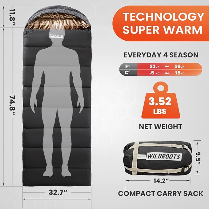 WILDROOTS Warm Sleeping Bags for Adults, Backpacking Lightweight, Cold Weather Sleeping Bag for Warm Camping Hiking Outdoor, Travel Hunting with Compression Bags