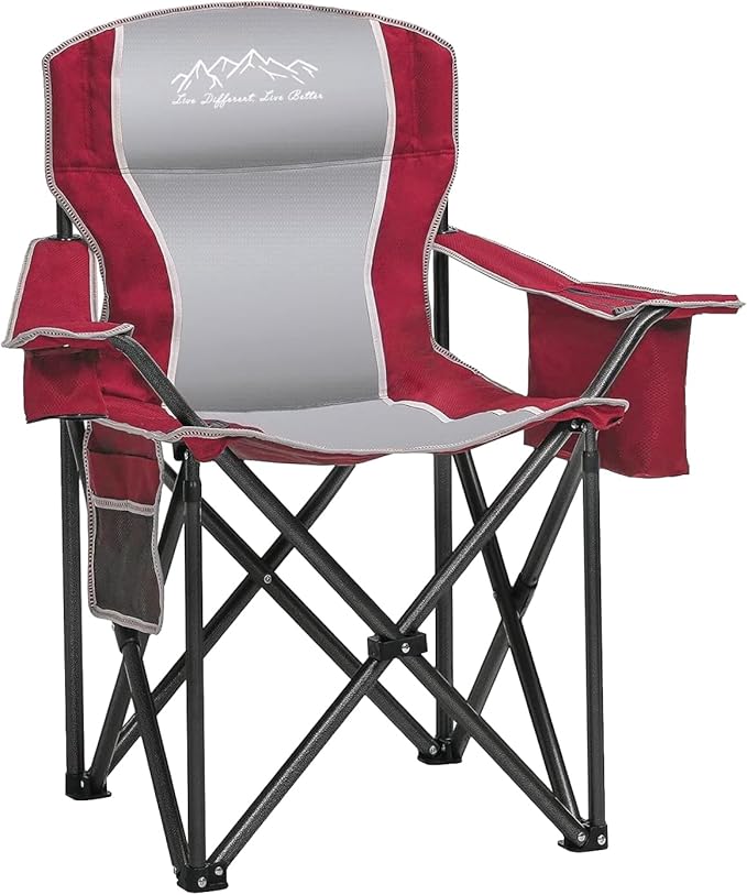 Heavy Duty Folding Camping Chair with Cooler Bag, Cup Holder, Storage Pocket, 450lbs Capacity with Large Anti-Sink Feet, Portable Padded Chair for Camping, Beach, Fishing, Sports, Red