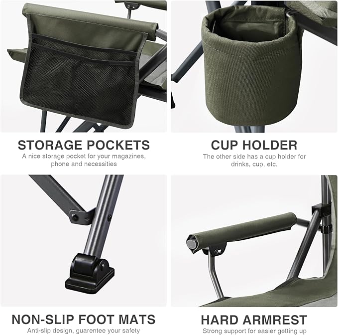 EVER ADVANCED Oversized Folding Camping Chair, for Adults Heavy Duty Lawn Chair with Side Pockets, Portable Collapsible Quad Chair for Outside, Support Up to 500lbs, Green