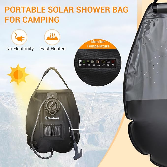 KingCamp Solar Shower Bag for Camping, Lightweight Shower Bag, Durable, Leak-Proof Design with Thermometer, Removable Hose, Switchable Shower Head, Portable Solar Shower for Camping