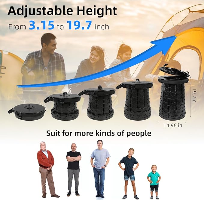 Portable Toilet for Adults, 19.7"H Adjustable Toilet for Camping, Portable Travel Toilets with Lid for Adults Kids, Upgrade Foldable Potty Toilet for Outdoor/Hiking/Camping/Car