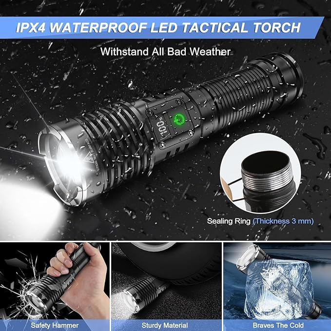 High Lumens LED Flashlights Rechargeable, Super Bright Flashlight, Powerful Tactical Flashlights, Waterproof Handheld Flash Light with 5 Modes, Zoomable, Power Display for Camping Emergencies