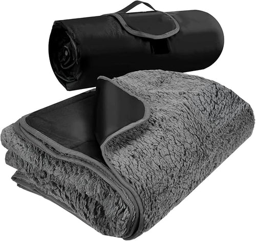 Tirrinia Outdoors Waterproof Throw Blanket, Sherpa Fleece Stadium Windproof Mat for Camping, Picnic, Traveling, Boat, Football - Machine Washable, Black