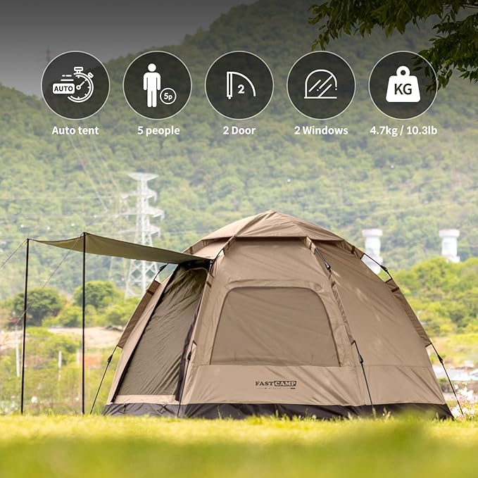 Instant Camping Tent for 4 Person,2 Mesh Windows & 2 Doors,Hexagonal Design,Easy Set Up pop up Tent with Vestibule & Rainfly, Ideal for Family Camp, Outdoor Activity