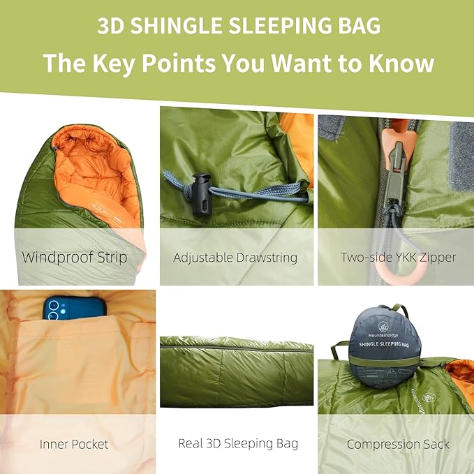 Mountainlodge 3-4 Seasons Shingle Sleeping Bag 15℉ with Inner Pocket for Adult,Perfect for Backpacking,Traveling and Hiking,Including Free Compression Stuff Sack.