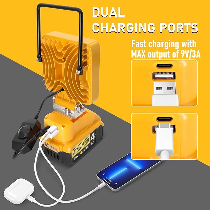 Portable LED Work Light for Dewalt 20v Battery,Dewalt Battery Light with Power Functionality and Rotating Stand,Rechargeable Flood Light,48W 4800LM Flashlight for Garage & Jobsite Lighting