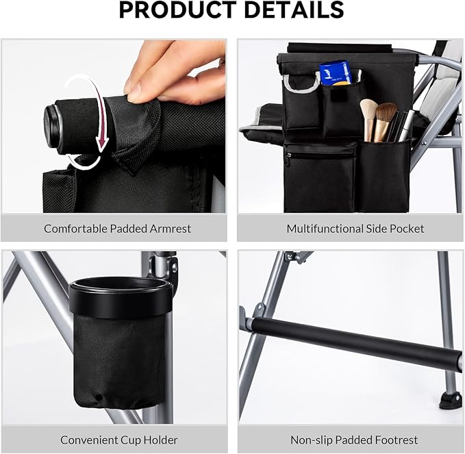 Foldable Directors Makeup Salon High Chair - Portable Camping Bar Height Folding Photoshoot Chairs with Stroage Bag Cup Holder Non-Slip Footrest, Supports 400 lbs Black Tall Director Chair