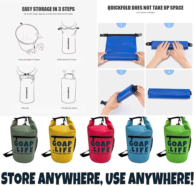 GOAP 10L Waterproof Dry Bag for Beach, Fishing, Camping, and Hiking - Rolltop Design with Crossbody Strap, Water Bottle Pocket, and Zipper Pocket