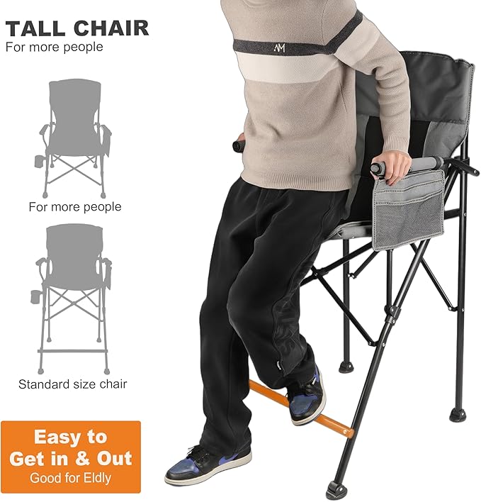 LANMONTAIN Extra Tall Directors Chair,Foldable w/Cup Holder,Side Mesh Pocket,Comfy Bar Height Camping Chairs for Adults,Heavy Duty Supports 350 Lbs,Hard Arm,Black&Grey