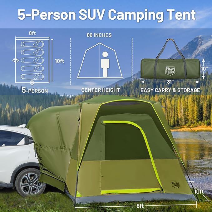 TIMBER RIDGE 5 Person SUV Tent Weather Resistant Portable for Car SUV Van Camping, Includes Rainfly and Storage Bag, 10' W X 8' L X 7.1' H