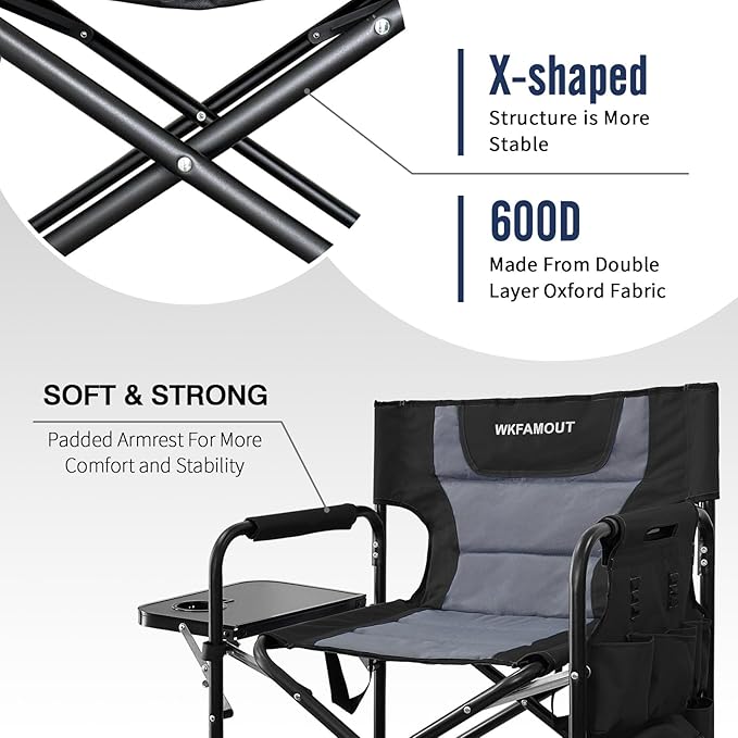 Tall Folding Directors Chair with Side Table 26.77" Seat Height Foldable Camping Chair Bar Stool for Makeup Artist Face Painting with Footrest and Storage Pocket Supports 350LBS