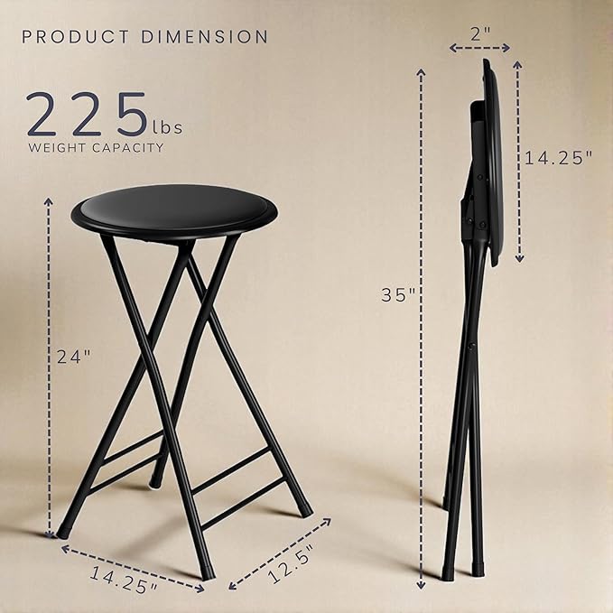 Folding Stool - Backless 24-Inch Stool with 225lb Capacity for Kitchen or Rec Room - Portable Indoor Counter Bar Stools by Lavish Home (Black)