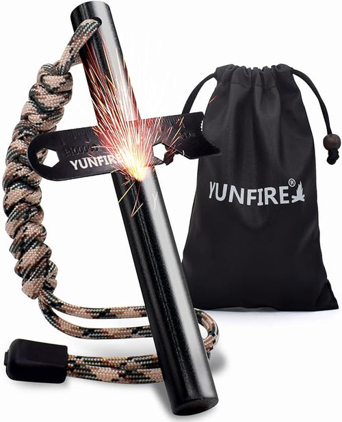 YUNFIRE Fire Starter-5" x 1/2" Thick Ferro Rod with Multi-Tool Striker & Type 550 Paracord, 25,000+ Strikes, Drilled Flint Fire Steel for Emergency Survival, Camping, Hiking