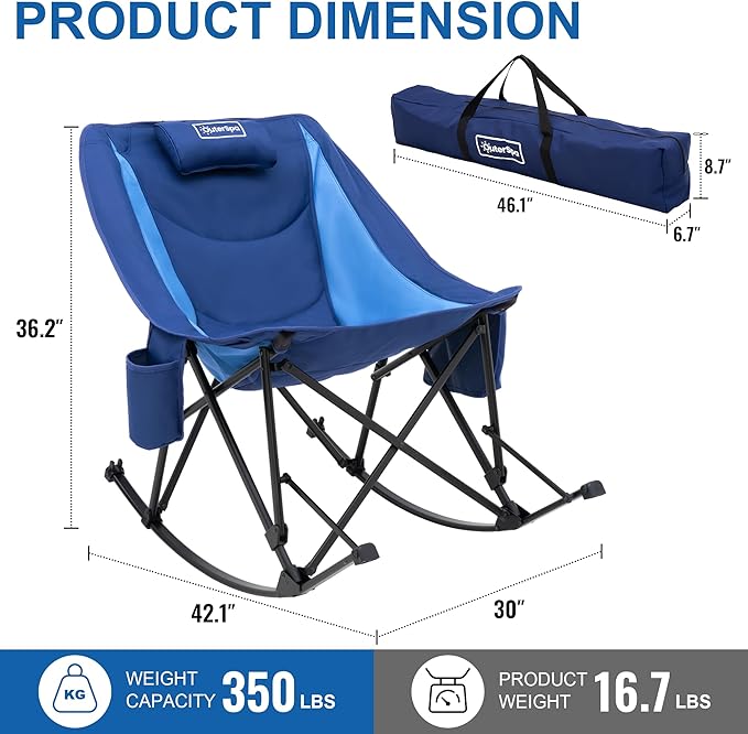 Rocking Camping Chair, Heavy Duty, High Back Oversized Portable Folding Chair with Side Cup Holders, Pocket for Beach, Fishing,Trip,Picnic,Lawn,Concert Outdoor Foldable Camp Chairs, Blue