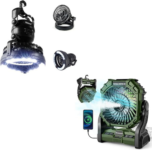 Odoland Bundle - 2 Items Portable LED Camping Lantern & Portable Misting Fan with Light & 250mL Water Tank