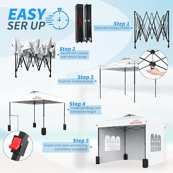 10x10 Pop Up Canopy with Sidewalls, Easy Up Canopy Tent, Heavy Duty Tents for Parties, One Person Set Up Event Tent, White