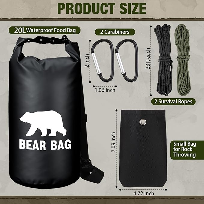 1 Set Bear Food Bag for Camping Ultralight Food Bag Hanging System Includes Waterproof Bear Bag, Nylon Ropes, Hooks for Camping Backpacking