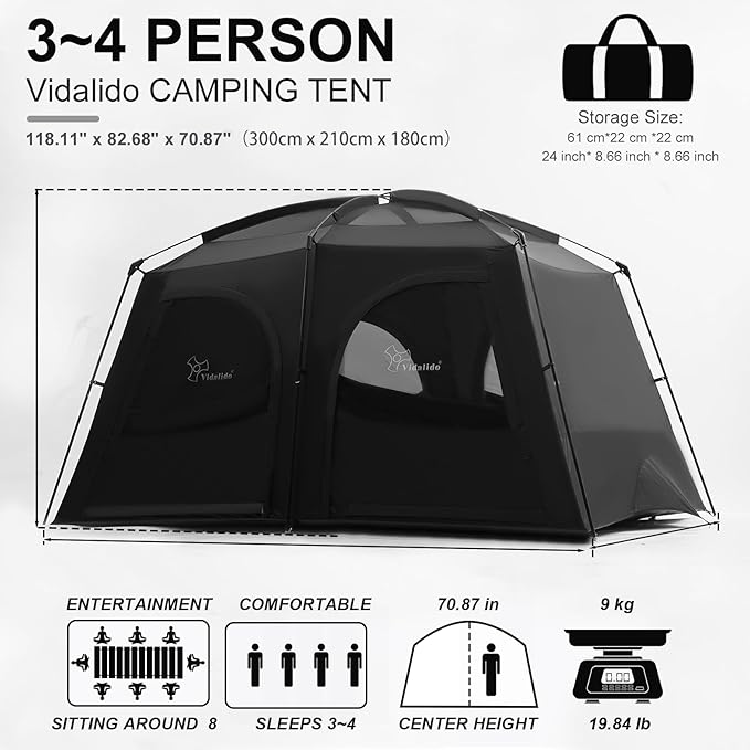 Vidalido Tents,3-4 Person Camping Tent with Extended Vestibule,Weather Resistant Family Tents with Breathable Mesh Windows,Easy Install Waterproof Outdoor Tent for Backpacking and Camping Hiking