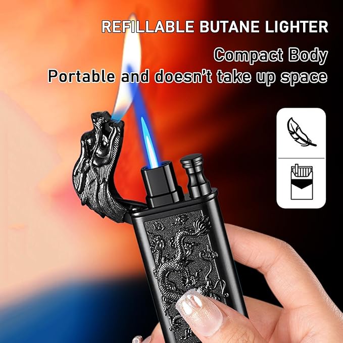 Torch Lighter, Relief Dragon Design Magic Dual Flame Lighter with Adjusting Flame Tool, Creative Windproof Lighter, Cool Jet Flame Butane Lighter, Refillable Butane Lighter for Outdoor Indoor