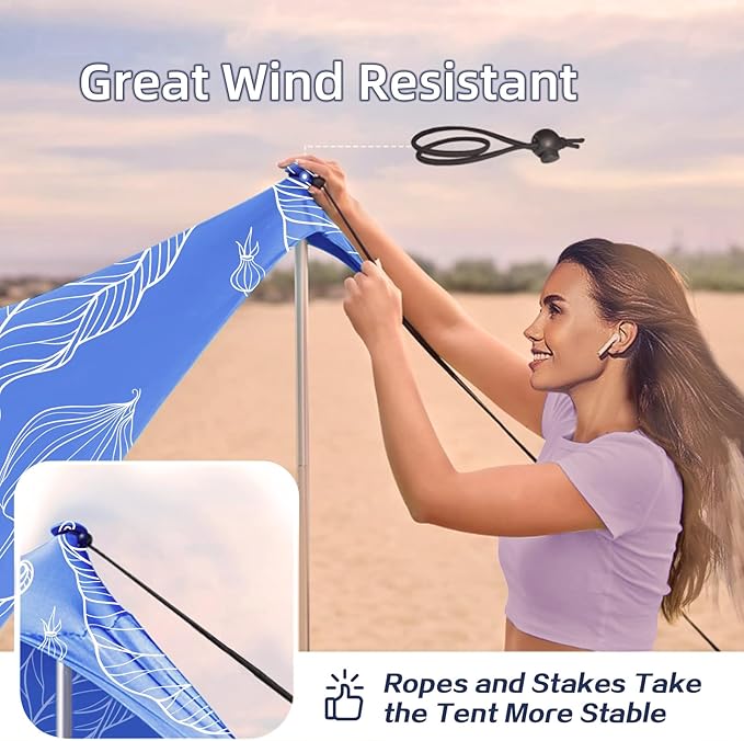 UMARDOO Family Beach Tent Canopy Sun Shade Portable, Large Compact Beach Sun Shelter Easy Setup with Packable Bag for Outdoor Travel (Printed Blue, 12X12 FT. 4Poles)