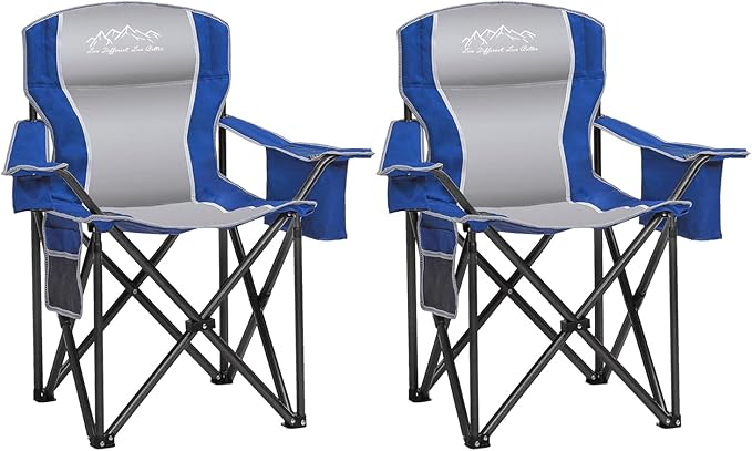 Camping Chair with Cooler Bag, Cup Holder, Storage Pocket, Heavy Duty 450lbs Capacity with Large Anti-Sink Feet, Portable Folding Padded Chair for Outdoor, Beach, Fishing, Sports, Blue 2Pack