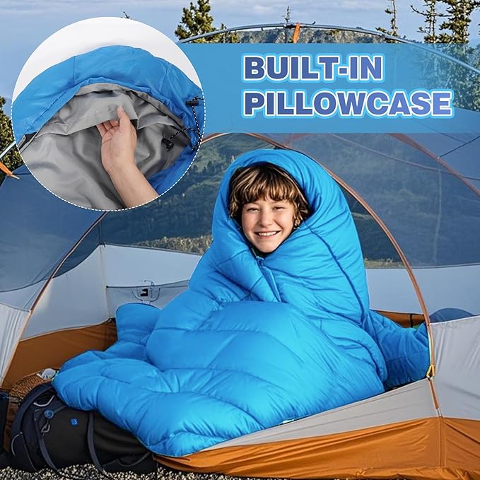 REDCAMP Kids Mummy Sleeping Bag for Camping, 3 Season Cold Weather Sleeping Bag Fit Boys,Girls & Teens, Blue/Rose Red