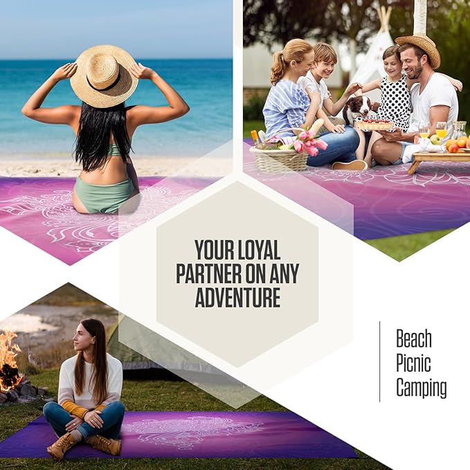 VENTURE 4TH Family-Size Beach Blanket: Sandproof, Waterproof, Lightweight & Compact. Includes Stakes and Carry Bag. 9x10 feet XXL Purple Mandala