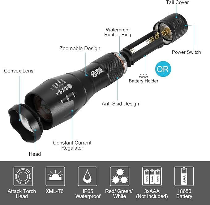 M MAKETHEONE Red Green White Flashlight, 1000 lumens Powerful LED Waterproof Adjustable Focus Tactical Torch for Fishing, Hiking, Camping, Caving, Outdoor Activities
