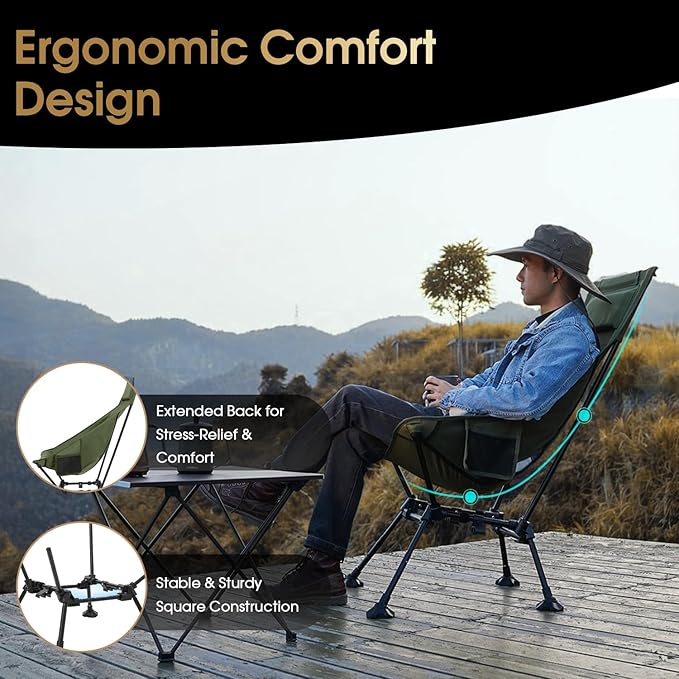 MOON LENCE High Back Folding Camping Chairs, Adjustable Height Beach Chair with Anti-Sinking Feet & Widened Seat (Khaki)