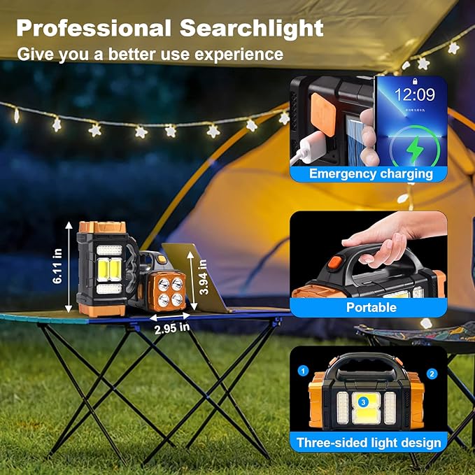 Two Side Solar Handheld Flashlight with COB Sidelight, High Bright 8 Modes Spotlight with USB Cable, Rechargeable Portable LED Searchlight for Outdoor Hunting Boating Camping Emergencies