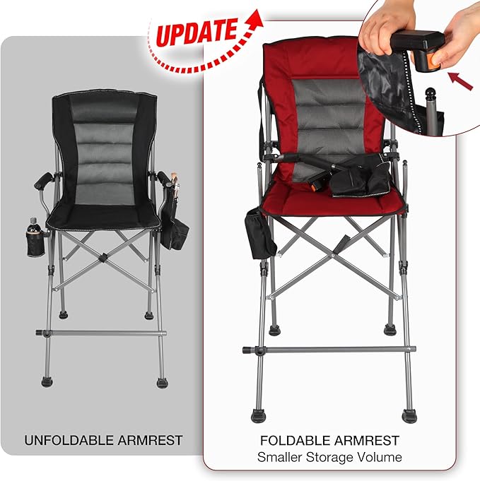 Extra Tall Folding Chairs for Adults 2 Pack, Portable Bar Height Foldable Director Chairs for Camping Outside, Comfortable with Makeup Pocket, High Back and Footrest,Red