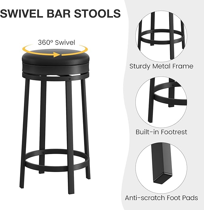 IDEALHOUSE 24'' Swivel Bar Stools Set of 2 with Footrest, Modern Counter Height Barstools with PU Leather Upholstered and Metal Frame, Backless Round Bar Stools for Kitchen Island, Black