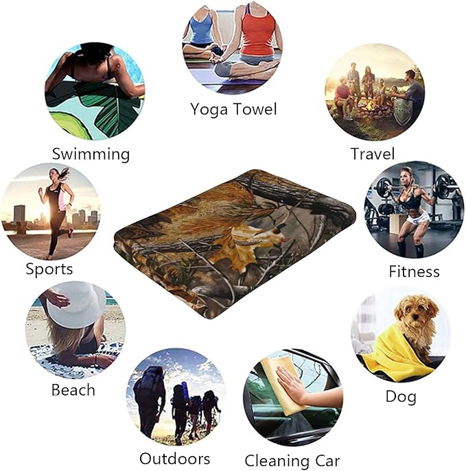 Camo Beach Towel Hunting Deer Bear, Aldult Quick Dry Camping Bath Towel, Absorbent Thin Lightweight Beach Blanket for Sports Travel Pool Swimming Bathroom 30 x 60 in