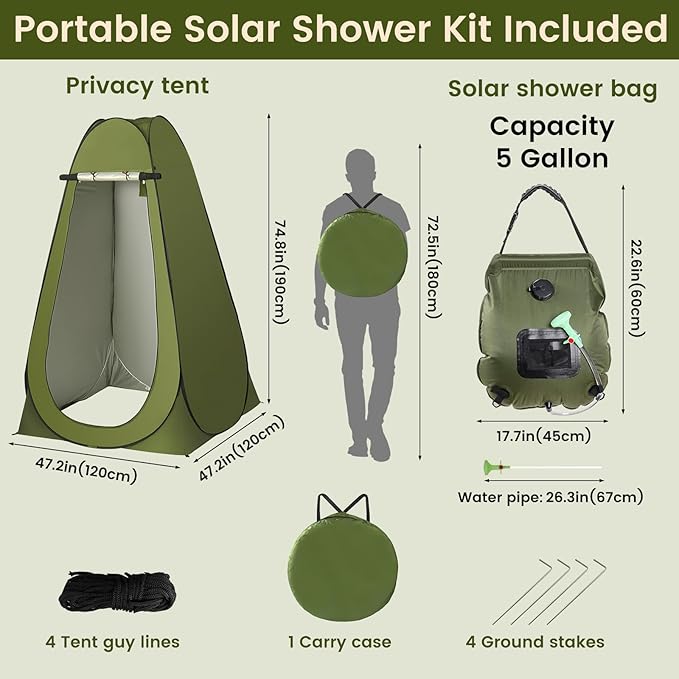 Solar Shower Tent Kit, Pop Up Privacy Tent Camping Shower Tent Kit Instant Pop Up Privacy, 5 Gallon Solar Shower Bag, Sun Canopy Beach Outdoor Camp Privacy Tent