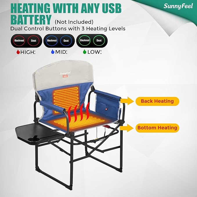 SUNNYFEEL Heated Camping Directors Chair 2 Pack, Portable Folding Lawn Chairs for Adults Heavy Duty with Side Table,Pocket for Beach, Fishing,Picnic,Concert Outdoor, Foldable Camp Chairs