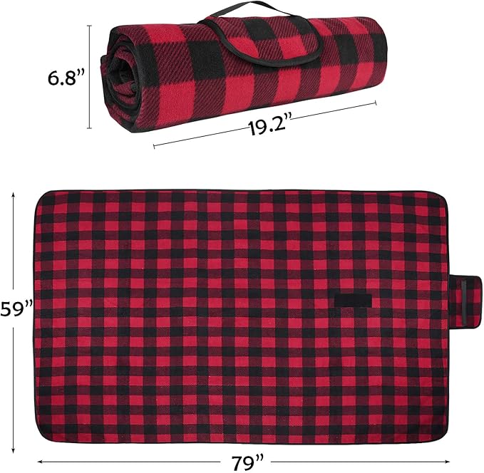 Tirrinia Outdoors Waterproof Throw Blanket, Sherpa Fleece Stadium Windproof Mat for Camping, Picnic, Traveling, Boat, Football - Machine Washable, Red-Black Plaid