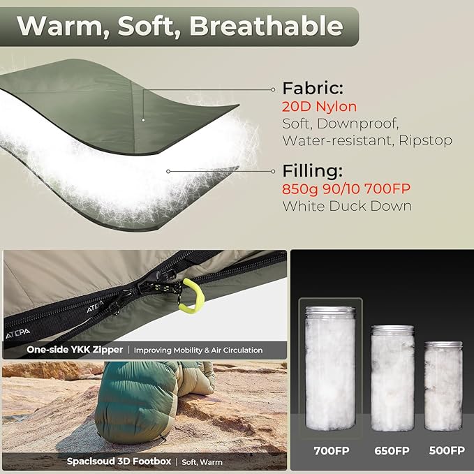 ATEPA 0 Degree Sleeping Bag, 700FP 23℉ / 30.2℉ Down Mummy Cold Weather Double Lightweight Wide XL Sleeping Bags with Compression Sack for Camping Backpacking Hiking