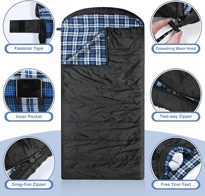 AGEMORE Cotton Flannel Sleeping Bag for Adults, Lightweight XXL Cotton Sleeping Bag for Camping Backpacking or Hiking, Water Resistant 3-4 Season Sleeping bag for Warm & Cool Weather