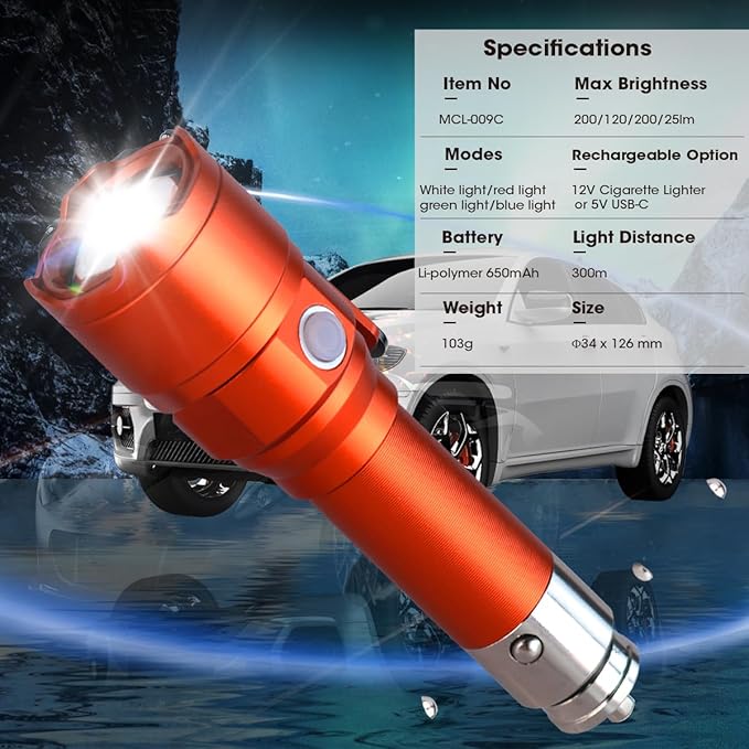 Small RGBW Flashlight Rechargeable with 12 Volt Car Cigarette Lighter & USB C for Auto Vehicles Emergency, Car Escape, Outdoors, Daily Use